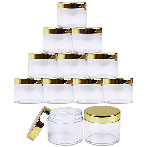 Beauticom 2 oz./ 60 Grams/ 60 ML (Quantity: 12 Packs) Thick Wall Round Clear Plastic LEAK-PROOF Jars Container with GOLD Lids for Cosmetic, Lip Balm, Lip Gloss, Creams, Lotions, Liquids