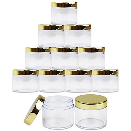 Beauticom 12er Pack Dickwandige Klare Kunststoffbehälter mit GOLDENEN Deckeln, 2 oz./60g/60ml (für Kosmetik, Lippenbalsam, Lippengloss, Cremes, Lotionen, Flüssigkeiten)