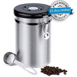 Stainless Steel Coffee Canister, 22.8 oz Airtight Coffee Storage Containers with Built-in CO2 Gas Vent Valve & Date Tracking Wheel & Scoop, Vacuum Storage Jar Keep Coffee Sugar Tea Fresh(Sliver,Large)