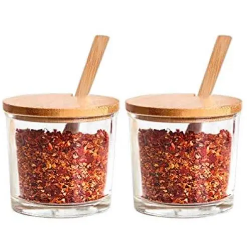Bouteilles à épices en verre transparent, contenants pour condiments de cuisine avec couvercles anti-humidité, cuillère et plateau en bois – conserve d'épices pour la maison. Bouteilles à épices en verre transparent, contenants pour condiments de cuisine avec couvercles anti-humidité, cuillère et plateau en bois – conserve d'épices pour la maison.