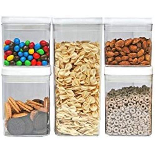 Kitchen Pro 101- Airtight Food and Cereal Storage Containers - 5 Piece Set - BPA-Free - Durable Clear Plastic with White Easy Lock Lids