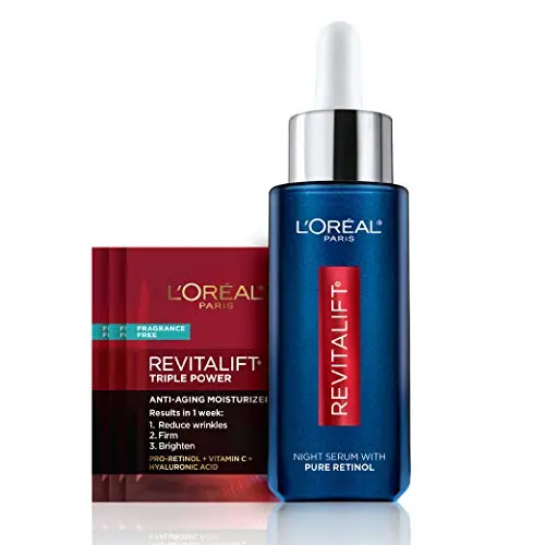 Retinolserum für Gesicht, L’Oréal Paris Revitalift Derm Intensives Nachtserum, 0,3 % reines Retinol, sichtbar Falten reduzieren, auch tiefe, 1 fl oz Serum + 3 Triple Power Feuchtigkeitspflegestick Einwegsamples