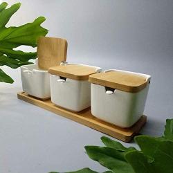 Kitchen seasoning box/Ceramic Condiment Storage Container with Bamboo Tray Lift lid Square jar Spice Jars Box (Color : A)