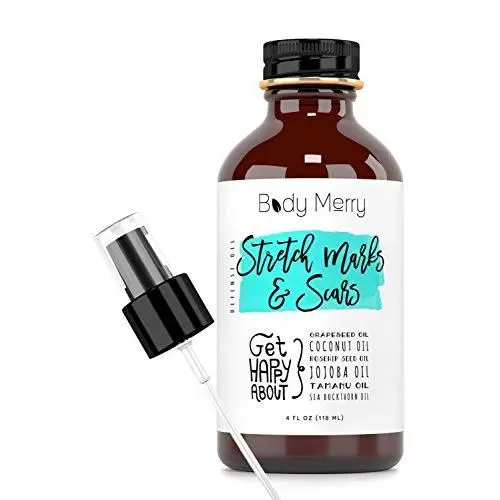 Körperöl Merry Stretch Marks & Scars Defense Öl mit natürlichem Kokosöl + Rosenholz + Jojoba + Tamanu + Sanddorn zur Bekämpfung von Stretch Marks und Narben.