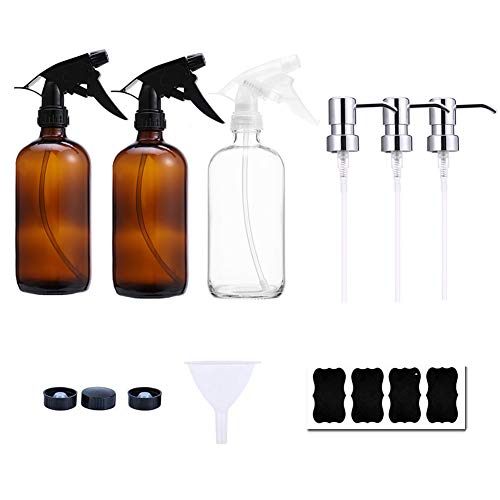 Glass Spray Bottles Essential Oils 2 Brown 1 Clear 16 oz Bottles with 4 Labels 3 Bottles Caps 3 Pump Dispensers 1 Funnel for Bathroom Kitchen Beauty