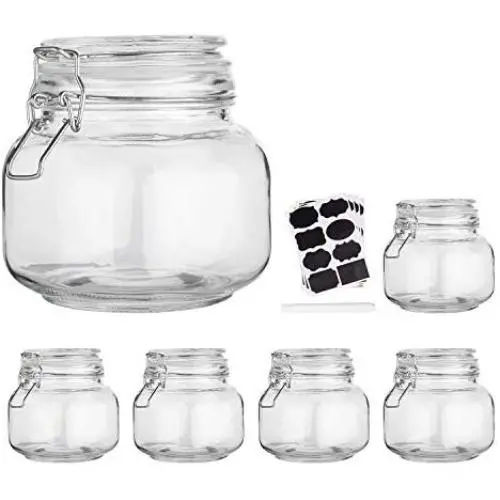 Glass Kitchen Storage Canister Mason Jars with Lids,25oz Airtight Glass Canister with Hinged Lid，Perfect for Kitchen Canning Cereal,Pasta,Sugar,Beans (Labels & Chalk Marker)-Set of 6