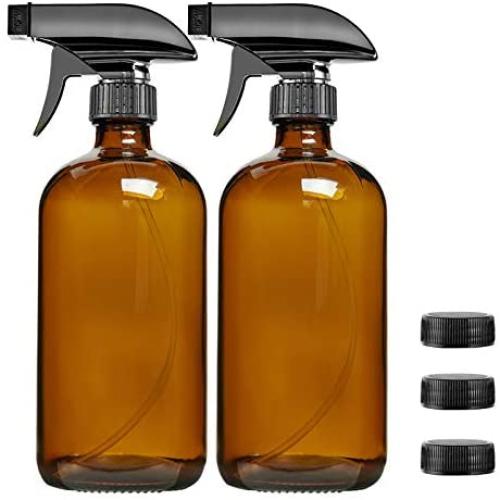 Empty Amber Glass Spray Bottle 2 Pack, SXUDA 16oz Refillable Container for Essential Oils, Cleaning Products, or Aromatherapy-Durable Black Trigger Sprayer w/Mist and Stream Settings & 3 Storage Caps