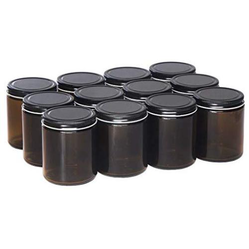 North Mountain Supply 9 Ounce Amber Glass Straight Sided Mason Canning Jars - with 70mm Black Metal Lids - Case of 12