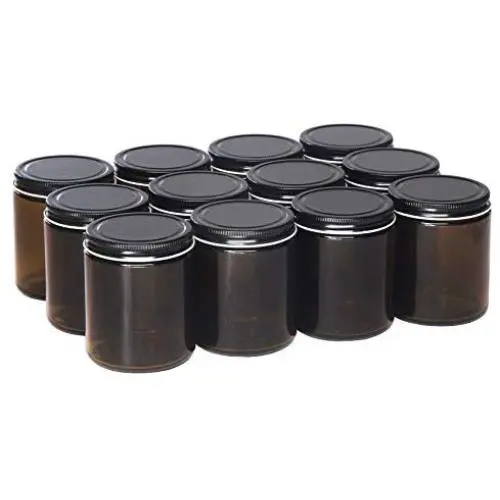 North Mountain Supply 9 oz Bernstein Glas Masoniergläser – mit 70 mm Schwarz Metallverschlüssen – Case von 12