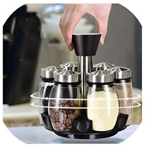 1 Set Glass Spice Jar Rotating Seasoning Box Salt Sugar Pepper Shaker Condiments Storage Bottle Holder Kitchen Gadget