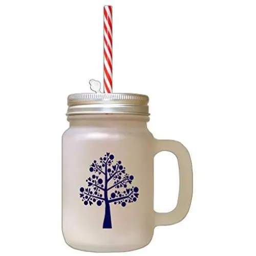 Navy Love Tree Frosted Glass Mason Jar With Straw Navy Love Tree Frosted Glass Mason Jar With Straw