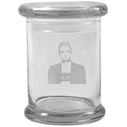 Clear 8 oz Glass Herb Stash Jar and Lid with Johnny Cash Mugshot Logo from Smoke Promos