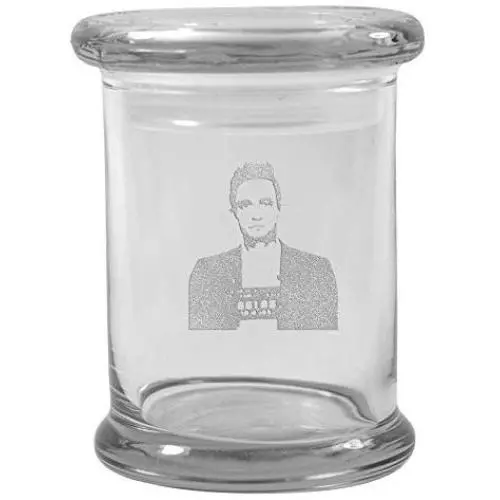 Clear 8 oz Glass Herb Stash Jar and Lid with Johnny Cash Mugshot Logo from Smoke Promos Clear 8 oz Glass Herb Stash Jar and Lid with Johnny Cash Mugshot Logo from Smoke Promos