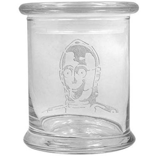 12 oz Clear Glass Herb Stash Jar and Lid with C3P0 Logo from Smoke Promos