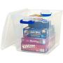 Homz Plastic Storage, Modular Stackable Storage Bins with Blue Latching Handles, 31 Quart, Clear, 4-Pack