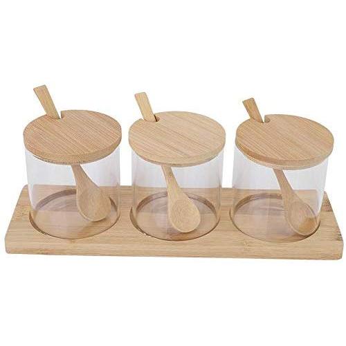 Seasoning Box Spice Pots,Condiment Storage Glass Spice Jars Dispenser Spice Salt Container Sugar Storage Organizer With Wooden Spoon for Kitchen Utensils