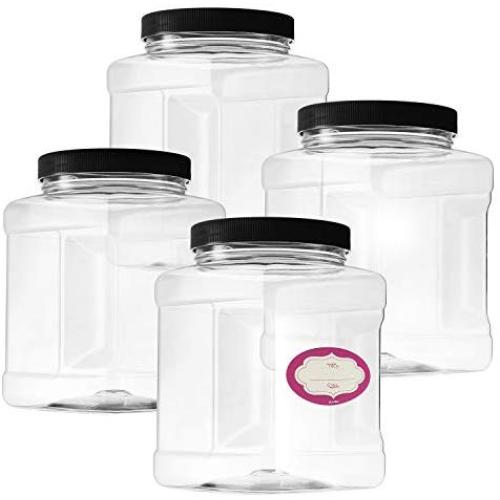 Pack of 4-32 Oz Large Clear Empty Plastic Storage Jars with Lids - Square Food Grade Container with Easy Grip Handles - Multi Purpose Jar BPA Free