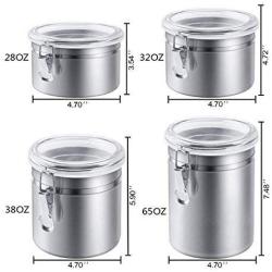 4-Piece Stainless Steel Airtight Canister Set, Beautiful Food Storage Container for Kitchen Counter, Tea, Sugar, Coffee, Caddy, Flour Canister with Clear Acrylic Lid n Locking Clamp Up to 65 oz