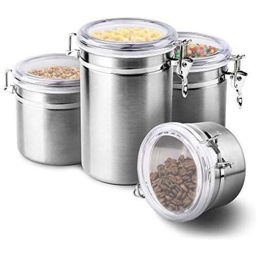 4-Piece Stainless Steel Airtight Canister Set, Beautiful Food Storage Container for Kitchen Counter, Tea, Sugar, Coffee, Caddy, Flour Canister with Clear Acrylic Lid n Locking Clamp Up to 65 oz