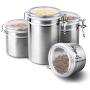 4-Piece Stainless Steel Airtight Canister Set, Beautiful Food Storage Container for Kitchen Counter, Tea, Sugar, Coffee, Caddy, Flour Canister with Clear Acrylic Lid n Locking Clamp Up to 65 oz