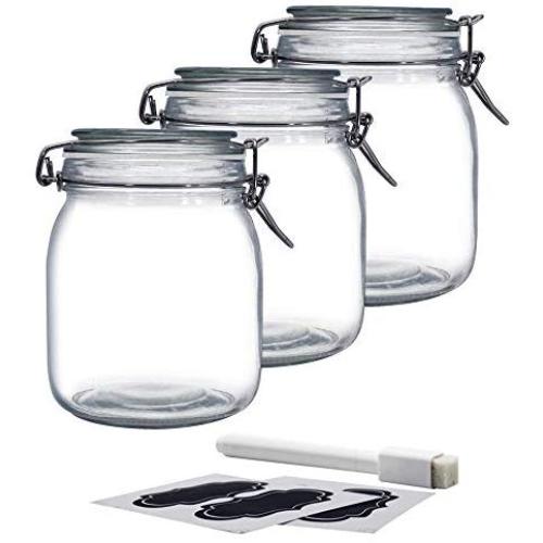 YEBODA 32oz Food Storage Canister Glass Jars with Clamp Airtight Lids and Silicone Gaskets for Multi-Purpose Kitchen Containers - Clear Square (3 Pack)