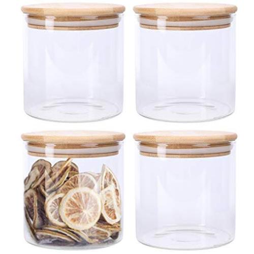 Lawei 4 Pack Glass Storage Jars with Sealed Bamboo Lids - 18.6 FL OZ Clear Glass Bulk Food Storage Canister for Serving Tea, Coffee, Spice, Candy, Cookie Lawei 4 Pack Glass Storage Jars with Sealed Bamboo Lids - 18.6 FL OZ Clear Glass Bulk Food Storage Canister for Serving Tea, Coffee, Spice, Candy, Cookie