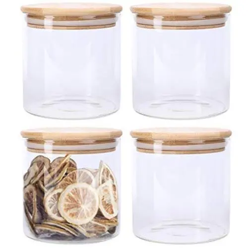 Lawei 4 Pack Glass Storage Jars with Sealed Bamboo Lids - 18.6 FL OZ Clear Glass Bulk Food Storage Canister for Serving Tea, Coffee, Spice, Candy, Cookie