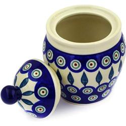 Polish Pottery 5?-inch Jar with Lid (Peacock Leaves Theme) + Certificate of Authenticity
