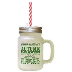 Forest GreenAutumn Leaves Butternut Squash Apples Cinder Frosted Glass Mason Jar With Straw