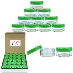 (Quantity: 50 Pieces) Beauticom 5G/5ML Round Clear Jars with GREEN Lids for Scrubs, Oils, Toner, Salves, Creams, Lotions, Makeup Samples, Lip Balms - BPA Free