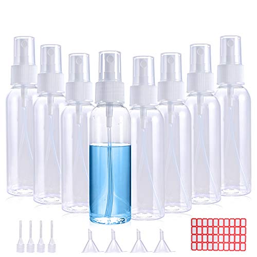 12 Pack Spray Bottles, 2oz/50ml Clear Empty Fine Mist Plastic Mini Travel Bottle Set, Small Refillable Liquid Containers with 4pcs Funnels 4pcs Plastic Eye Droppers and 2pcs Labels