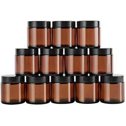 4 oz Amber Round Glass Jars (12 Pack), SXUDA Empty Cosmetic Containers with Inner Liners and black Lids For Slime, Beauty Products, Cosmetic, Lotion，Powders and Ointments