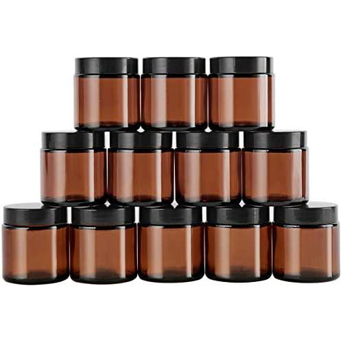 4 oz Amber Round Glass Jars (12 Pack), SXUDA Empty Cosmetic Containers with Inner Liners and black Lids For Slime, Beauty Products, Cosmetic, Lotion，Powders and Ointments