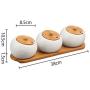 Ceramic cruet seasoning jar salt bowl sugar bowl kitchen household ceramic seasoning jar glass lid storage tank wooden tray,1pcs-J
