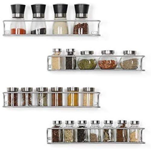 Wall Mounted Spice Racks Jar Bottle Storage Rack 4 Pack for Kitchen Bathroom Cabinet Pantry Door, Sliver (Large)