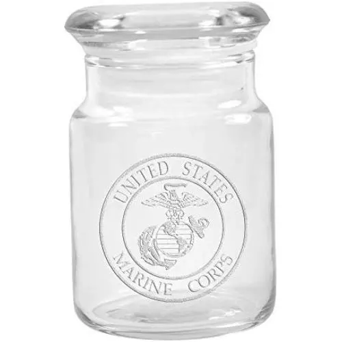 Clear Glass Herb Stash Jar with Lid 4.5 oz with US Marines Logo from Smoke Promos