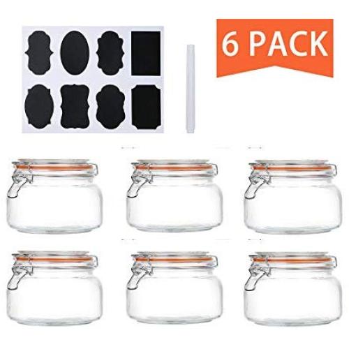 Encheng 16 oz Glass Jars With Airtight Lids And Leak Proof Rubber Gasket,Wide Mouth Mason Jars With Hinged Lids For Kitchen,Glass Storage Containers 6 Pack