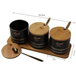 Spice Jars, Ceramic Seasoning Jar Set of 3, 3 Spice Jars + 3 Spoons (with Wooden Tray), Condiment Storage, Black, Creative Home Gifts
