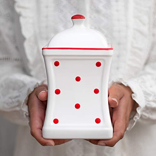 City to Cottage Handmade White and Red Polka Dot Large Ceramic 31.5oz/900ml Kitchen Storage Jar with Lid | Pottery Canister, Cookie Jar, Housewarming Gift