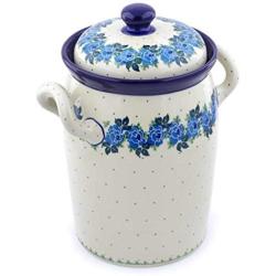Polish Pottery 11-inch Jar with Lid and Handles made by Ceramika Artystyczna (Blue Garland Theme) + Certificate of Authenticity