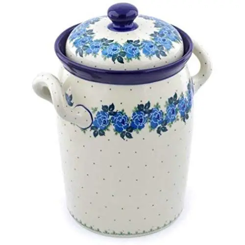 Polish Pottery 11-inch Jar with Lid and Handles made by Ceramika Artystyczna (Blue Garland Theme) + Certificate of Authenticity Polish Pottery 11-inch Jar with Lid and Handles made by Ceramika Artystyczna (Blue Garland Theme) + Certificate of Authenticity