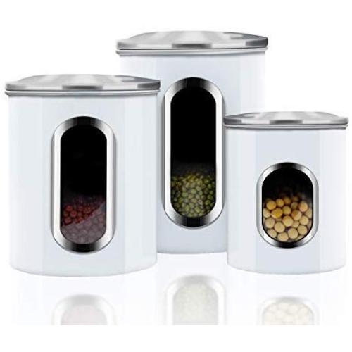 Canisters Sets,3 Piece Window Kitchen Canister with Fingerprint Resistance Lids,Cream White