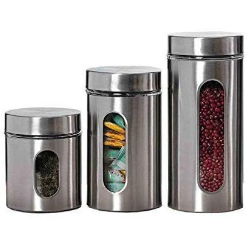 Femora Clear Glass Steel Window Jars for Kitchen Storage, 700ML, 1000ML, 1300ML, Set of 3