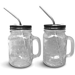 Mason Jar Mugs with Handle, Regular Mouth, Colorful Lids with 2 Reusable Stainless Steel Straw, Set of 2 (Black), Kitchen GLASS 16 oz Jars,''Refreshing Ice Cold Drink'' & Dishwasher Safe