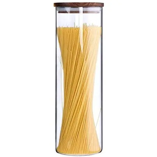 Hochwertige Tall Clear Glass Lebensmittelbehälter mit Luftdichten Holzlids, Küchentopf, Spaghetti-Pasta-Glas, Mehl-Cereals-Zucker-Behälter, Tee-Kaffeebandung, BPA-frei, 63 oz, 1 Stück, 63 fl oz