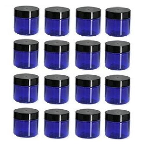 Nakpunar 1 oz Cobalt Blue Plastic Jars with Black Lids - Set of 16