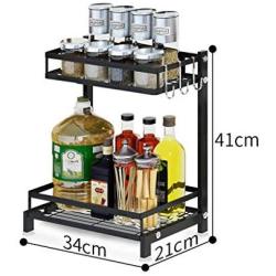 JIAXRACK 2 Tier Metal Kitchen Spice Rack Countertop Standing Corner Shelf Removable Seasoning Organizer Jars Bottle Storage Knife Utensils Holder with 3 Hooks, Black (Size : Package 1)