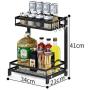 JIAXRACK 2 Tier Metal Kitchen Spice Rack Countertop Standing Corner Shelf Removable Seasoning Organizer Jars Bottle Storage Knife Utensils Holder with 3 Hooks, Black (Size : Package 1)