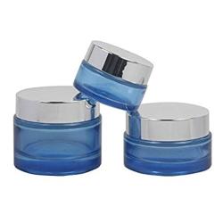 2 Pcs 30Ml/1Oz Empty Refillable Reusable Round Blue Glass Cosmetic Jar Face Cream Lotion Eye Shadow Nail Make Up Powder Storage Container with Silver Lids And Inner Plug