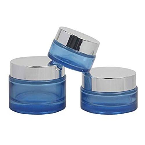 2 Pcs 30Ml/1Oz Empty Refillable Reusable Round Blue Glass Cosmetic Jar Face Cream Lotion Eye Shadow Nail Make Up Powder Storage Container with Silver Lids And Inner Plug